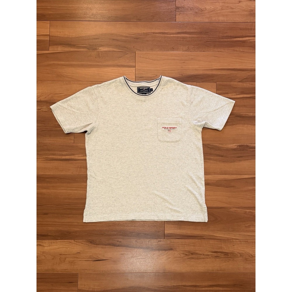 Vintage Polo Sport Ralph Lauren Waffle Knit Gray Pocket T-Shirt Men's Size Large